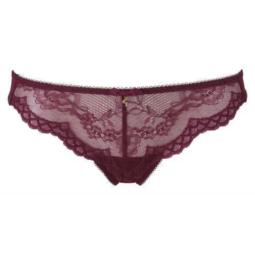 Stunning plum Lace Foil Thong Panty with delicate lace design, fine mesh back, and golden Gossard 'G' detail.