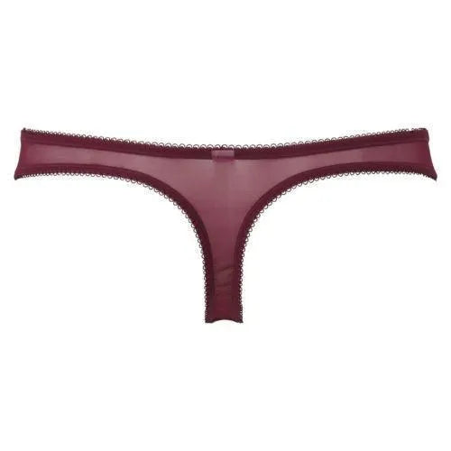 Stunning burgundy lace foil print thong panty with fine mesh back and delicate bow detail.