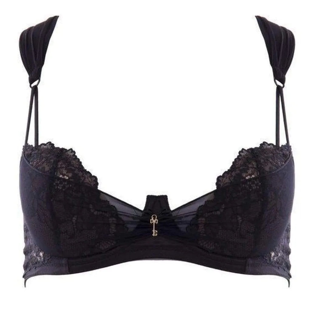 Seductive black Lauren bra with free bridge, delicate tulle, noble lace, and a charming key detail.