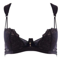 Seductive black Lauren bra with free bridge, delicate tulle, noble lace, and a charming key detail.