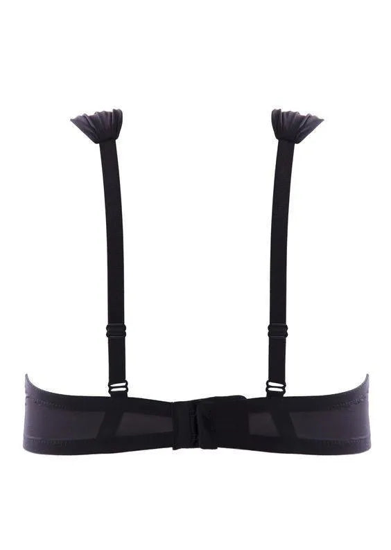 Black Lauren bra with free bridge, delicate flower lace, and wide tulle straps for seductive charm.