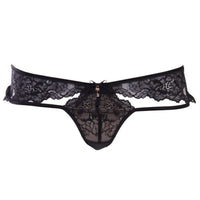 Sexy black Escora lace Lauren cutout thong panty with luxurious Austrian lace and delicate bow detail.
