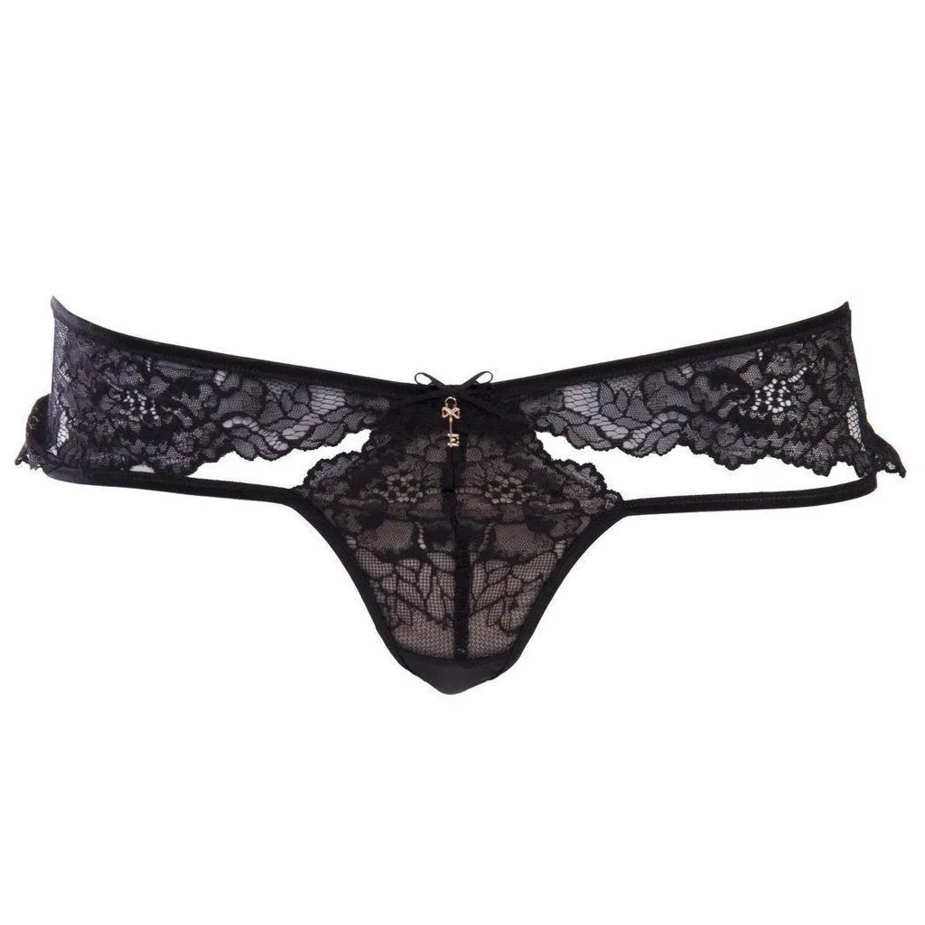 Sexy black Escora lace Lauren cutout thong panty with luxurious Austrian lace and delicate bow detail.