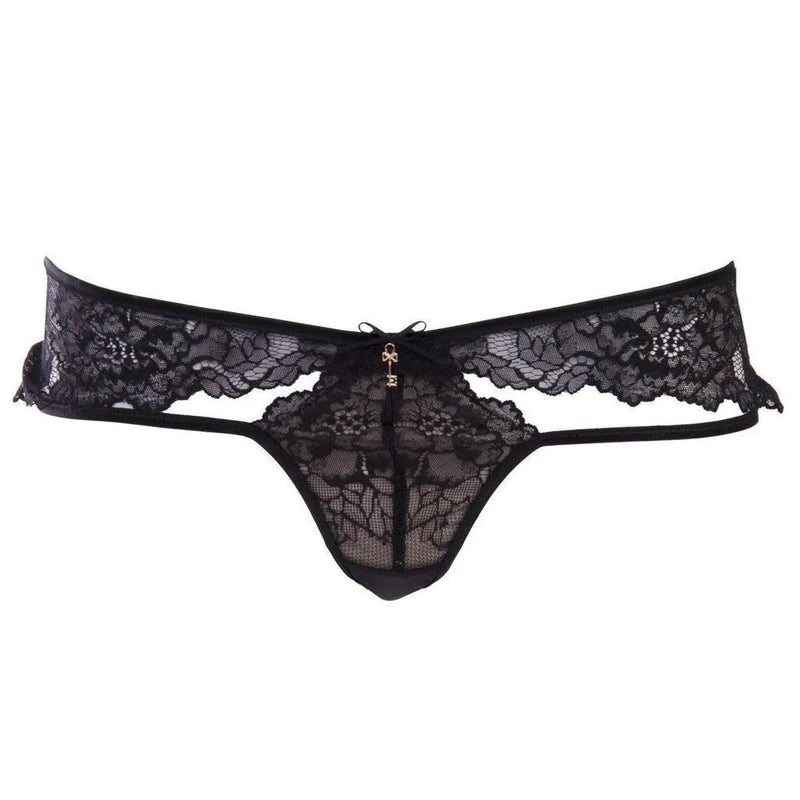 Sexy black Escora lace Lauren cutout thong panty with luxurious Austrian lace and delicate bow detail.