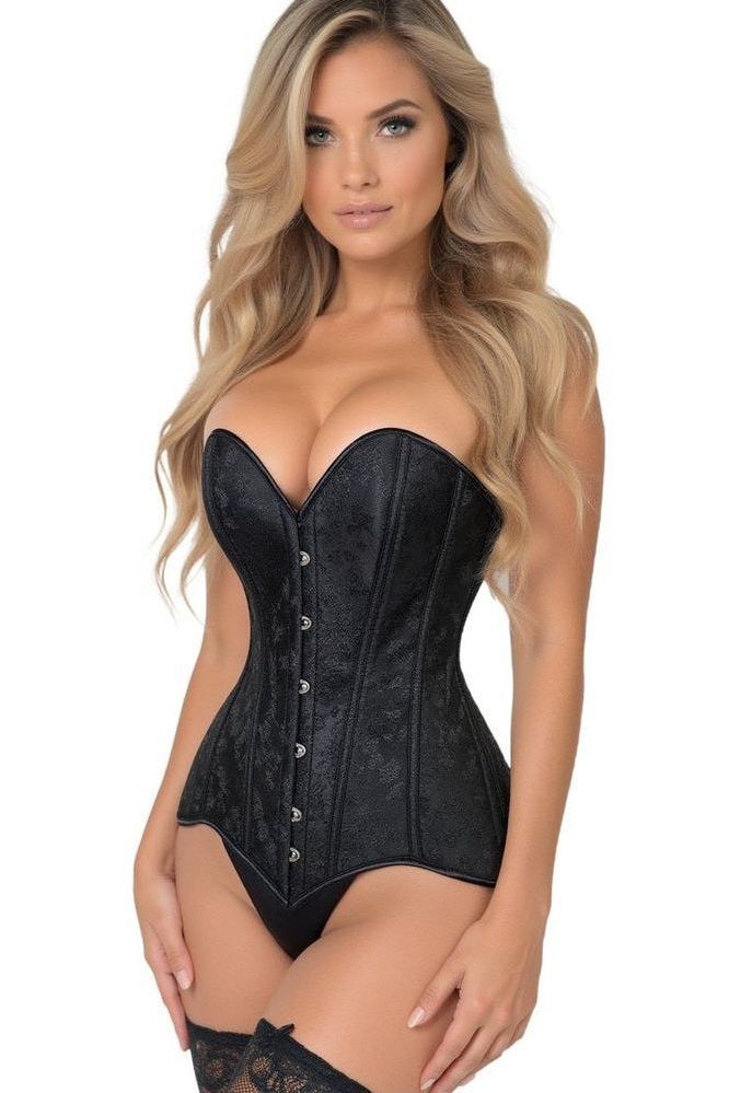 Lavish Black Brocade Overbust Corset W/Busk Closure