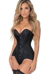 Lavish Black Brocade Overbust Corset W/Busk Closure