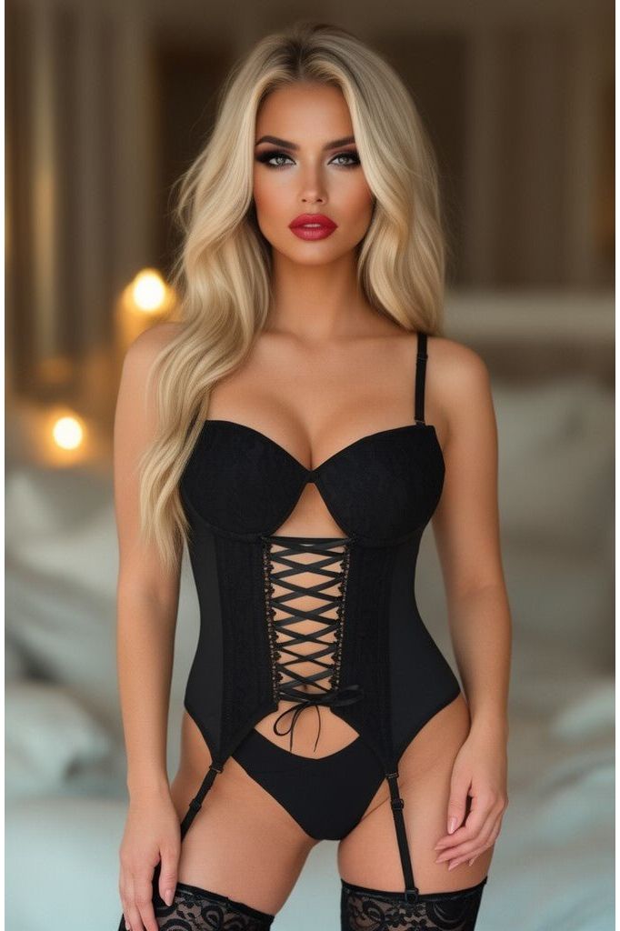 Lavish Black Lycra & Lace Hook & Eye Lace-Up Bustier Corset w/Garters