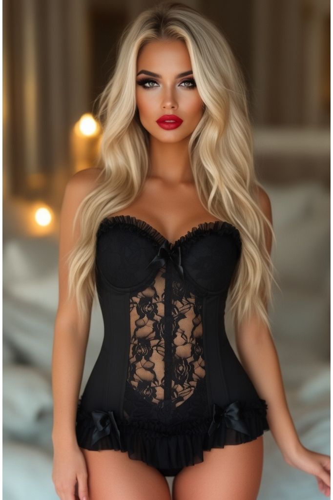 Lavish Black Lycra & Lace Hook & Eye Stretch Bustier Corset