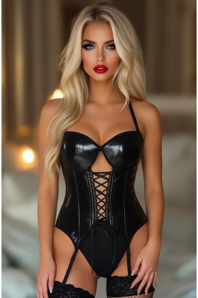 Lavish Black Patent Vinyl Hook & Eye Lace-Up Bustier Corset w/Garters