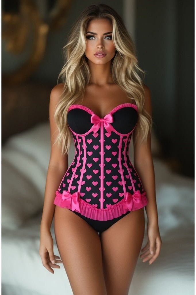 Lavish Black & Pink Hearts Lycra Hook & Eye Back Closure Bustier