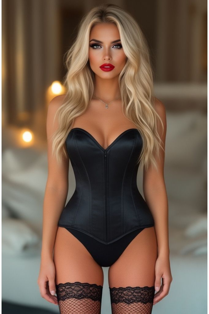 Lavish Black Satin Front Zipper Overbust Corset