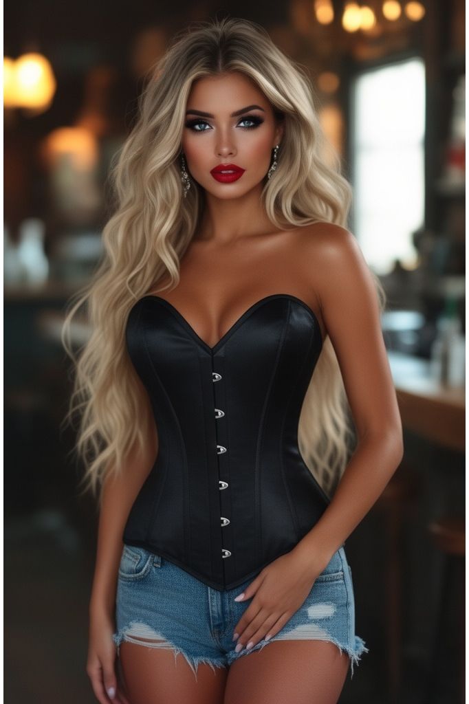 Lavish Black Satin Overbust Corset Sweetheart Neckline Busk Closure
