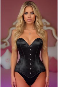 Lavish Black Satin Overbust Corset Sweetheart Neckline Busk Closure