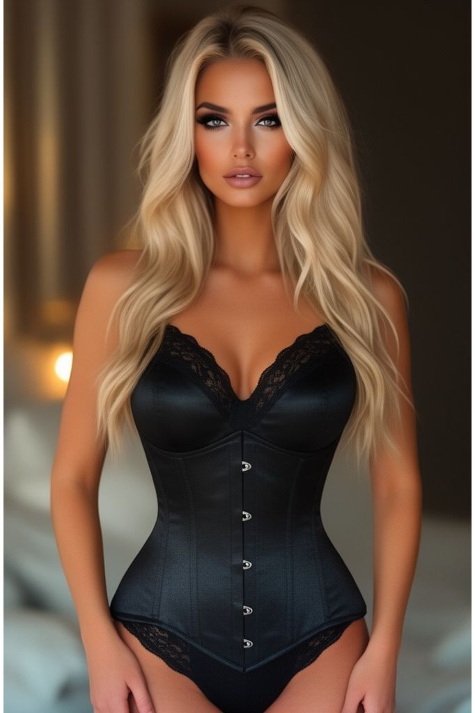 Lavish Black Satin Underbust Corset Waist Cincher Busk Closure