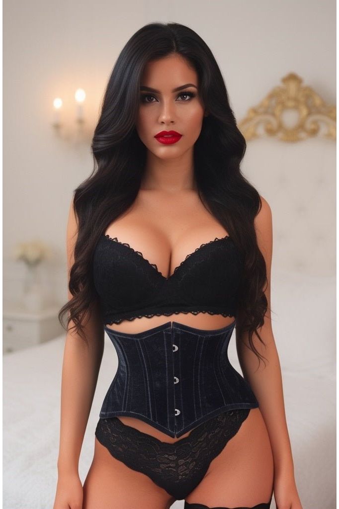 Lavish Black Velvet Mini Cincher Underbust Corset Waist Cincher Busk Closure