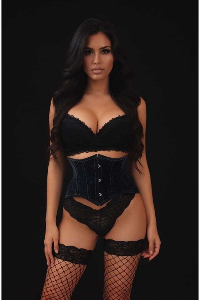 Lavish Black Velvet Mini Cincher Underbust Corset Waist Cincher Busk Closure