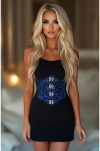 Lavish Black/Blue Swirl Brocade Corset Belt Cincher w/Clasps