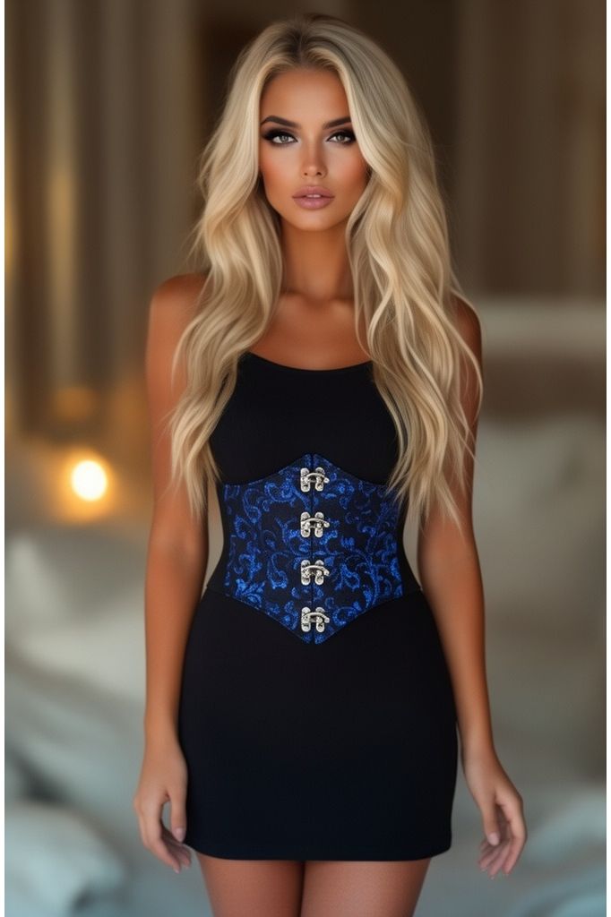 Lavish Black/Blue Swirl Brocade Corset Belt Cincher w/Clasps