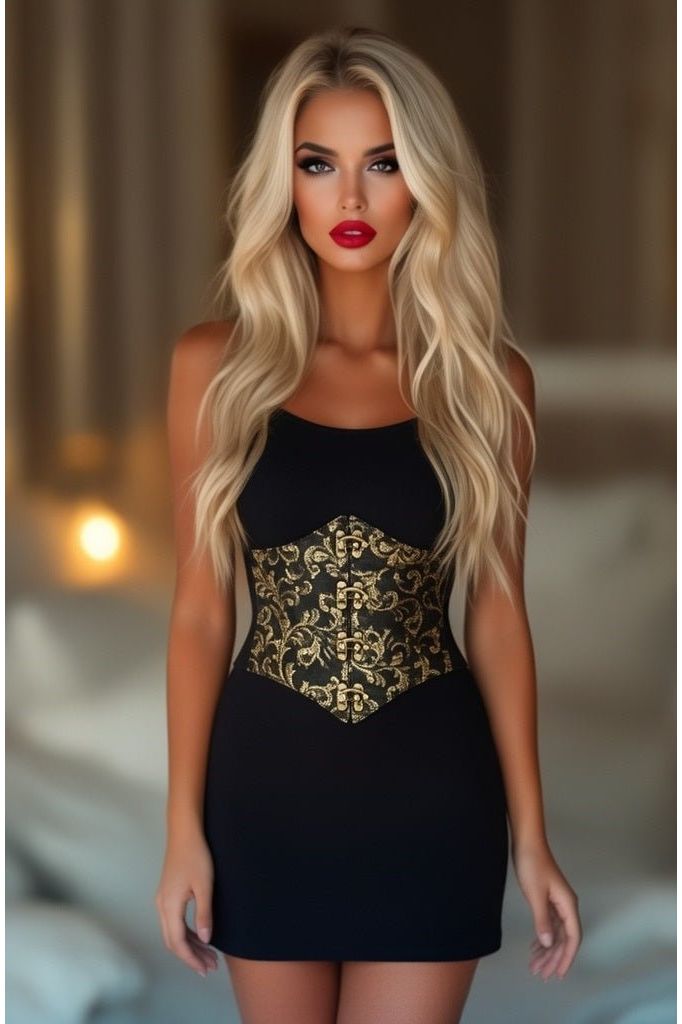 Lavish Black/Gold Swirl Brocade Corset Belt Cincher w/Clasps