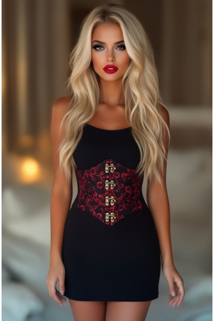 Lavish Black/Red Swirl Brocade Corset Belt Cincher w/Clasps