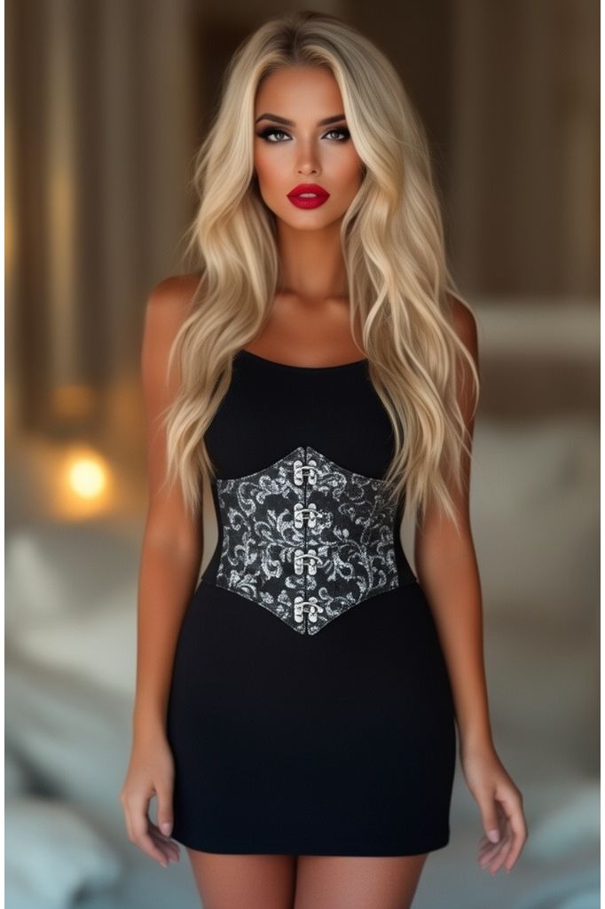 Lavish Black/Silver Swirl Brocade Corset Belt Cincher w/Clasps