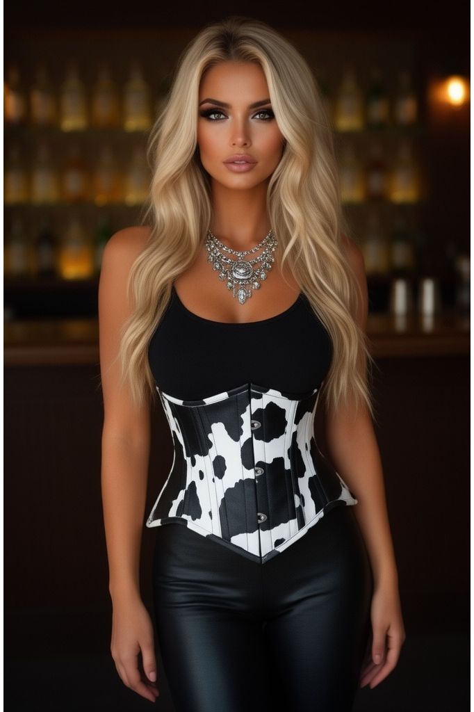 Lavish Black/White Cow Print Faux Leather Underbust Mini Cincher Corset Top