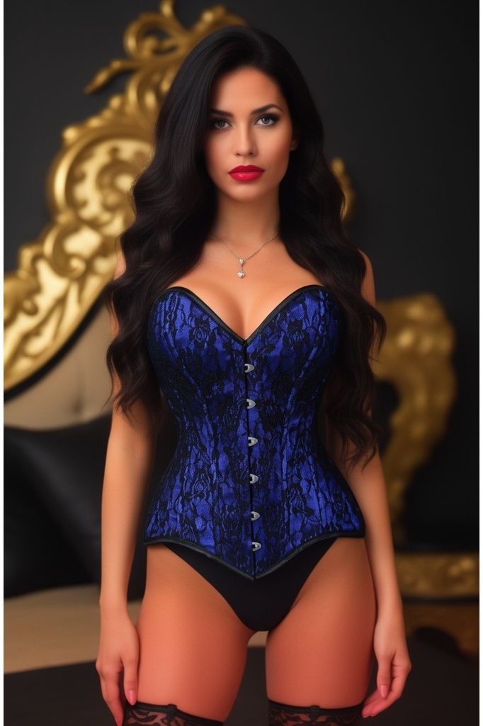 Lavish Blue/Black Lace Overbust Corset Sweetheart Neckline Busk Closure