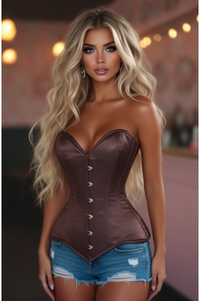 Lavish Dark Brown Satin Overbust Corset Sweetheart Neckline Busk Closure