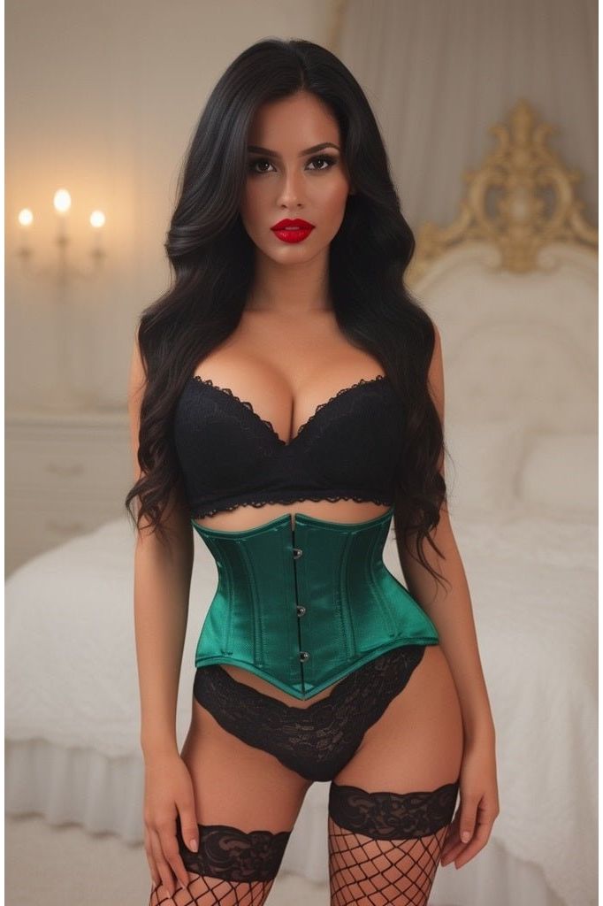 Lavish Dark Green Satin Mini Cincher Underbust Corset Waist Cincher Busk Closure