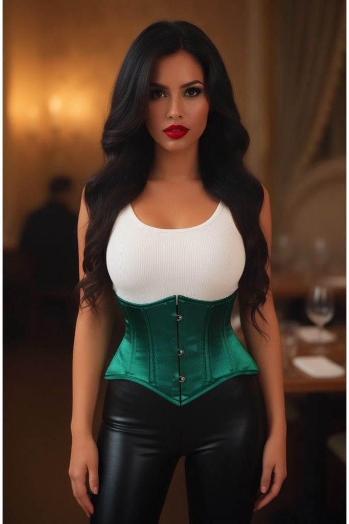 Lavish Dark Green Satin Mini Cincher Underbust Corset Waist Cincher Busk Closure
