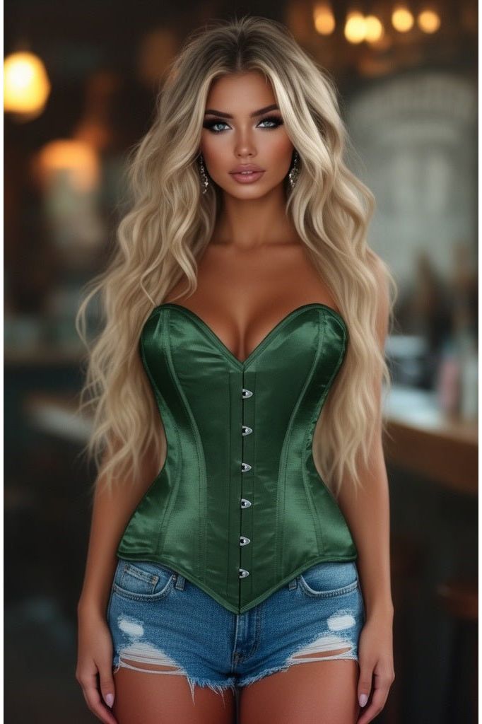 Lavish Dark Green Satin Overbust Corset Sweetheart Neckline Busk Closure