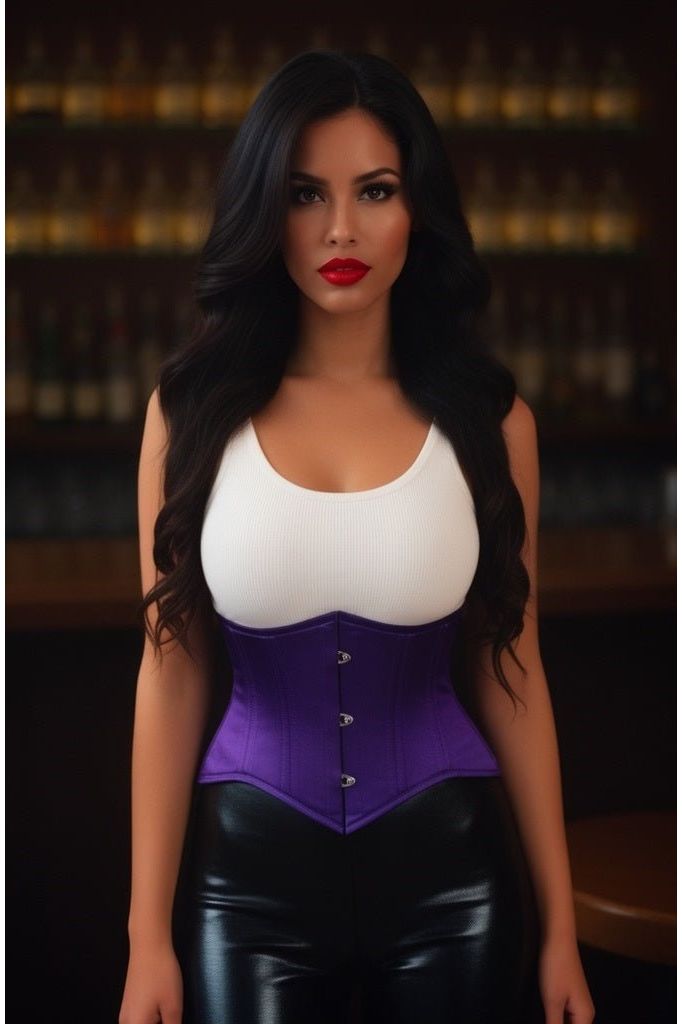 Lavish Dark Purple Satin Mini Cincher Underbust Corset Waist Cincher Busk Closure