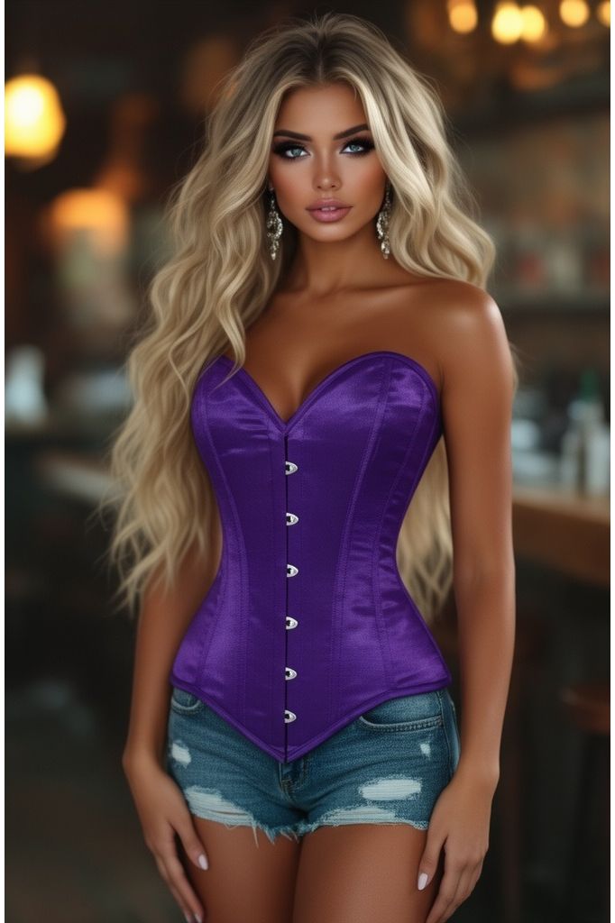 Lavish Dark Purple Satin Overbust Corset Sweetheart Neckline Busk Closure