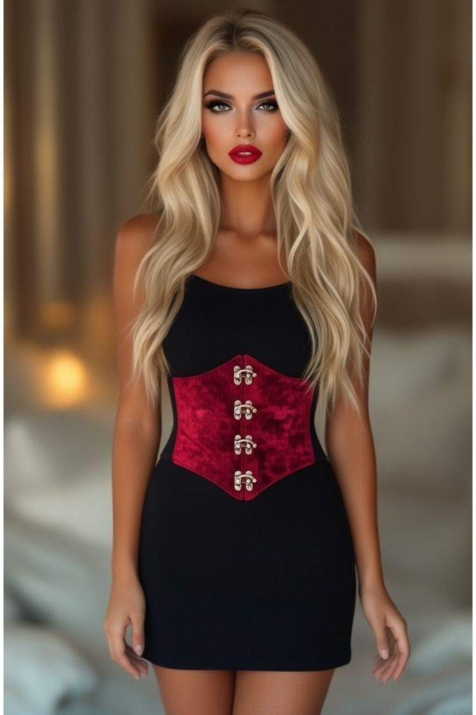 Lavish Dark Red Crushed Velvet Corset Belt Cincher w/Clasps