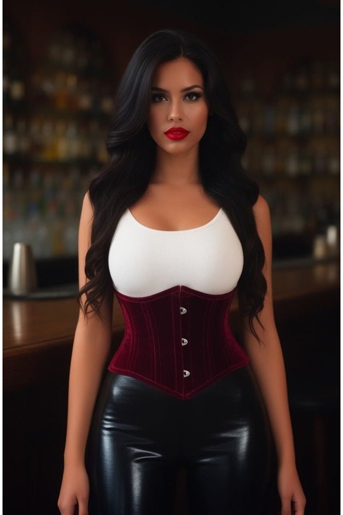 Lavish Dark Red Velvet Mini Cincher Underbust Corset Waist Cincher Busk Closure