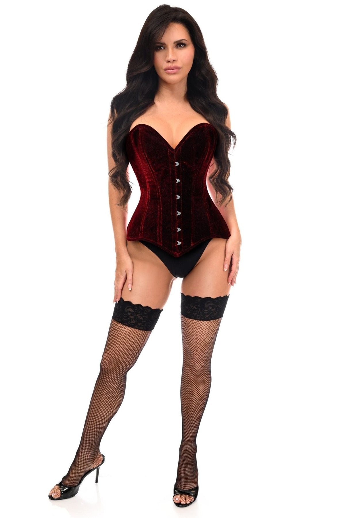 Lavish Dark Red Velvet Overbust Corset Sweetheart Neckline Busk Closure