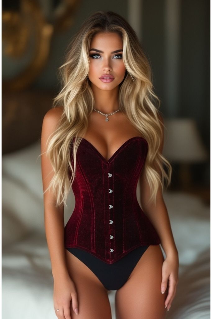Lavish Dark Red Velvet Overbust Corset Sweetheart Neckline Busk Closure