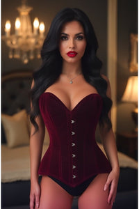 Lavish Dark Red Velvet Overbust Corset Sweetheart Neckline Busk Closure