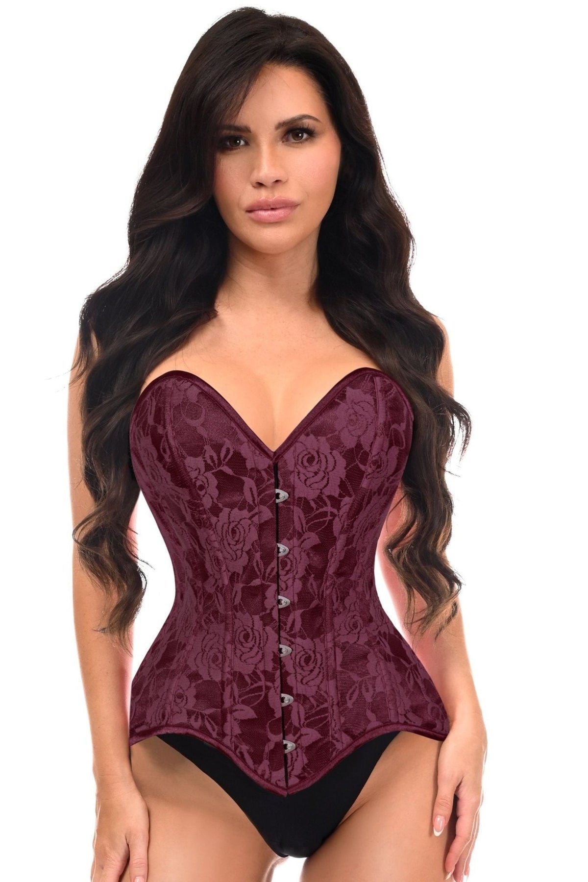 Lavish Dark Red Wine Lace Overbust Corset Sweetheart Neckline Busk Closure