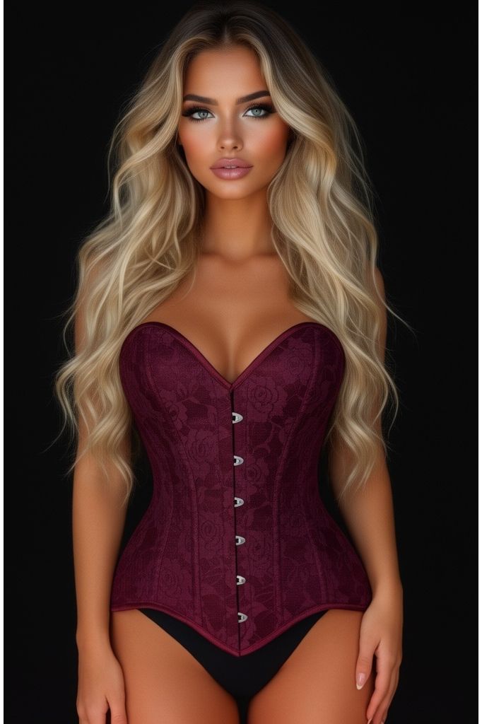Lavish Dark Red Wine Lace Overbust Corset Sweetheart Neckline Busk Closure