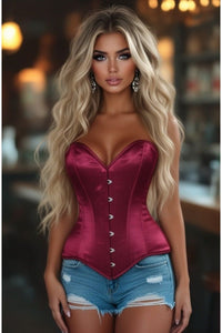 Lavish Dark Red Wine Satin Overbust Corset Sweetheart Neckline Busk Closure