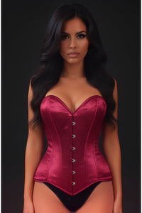 Lavish Dark Red Wine Satin Overbust Corset Sweetheart Neckline Busk Closure