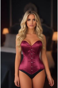 Lavish Dark Red Wine Satin Overbust Corset Sweetheart Neckline Busk Closure