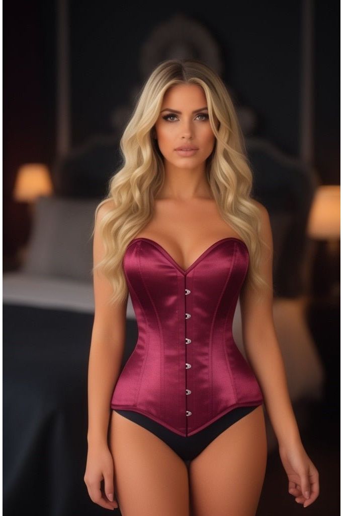 Lavish Dark Red Wine Satin Overbust Corset Sweetheart Neckline Busk Closure
