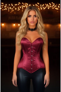 Lavish Dark Red Wine Satin Overbust Corset Sweetheart Neckline Busk Closure