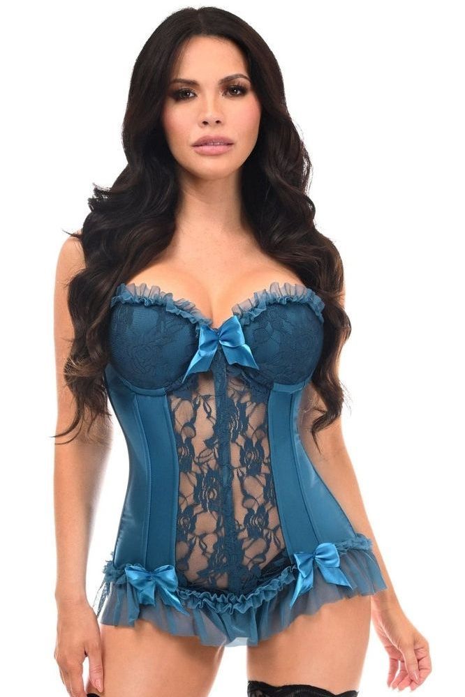 Lavish Dark Teal Lycra & Lace Hook & Eye Stretch Bustier Corset