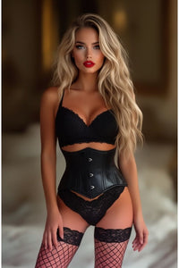 Lavish Double Boned Black Wet Look Faux Leather Curvy Cut Mini Cincher Underbust Corset