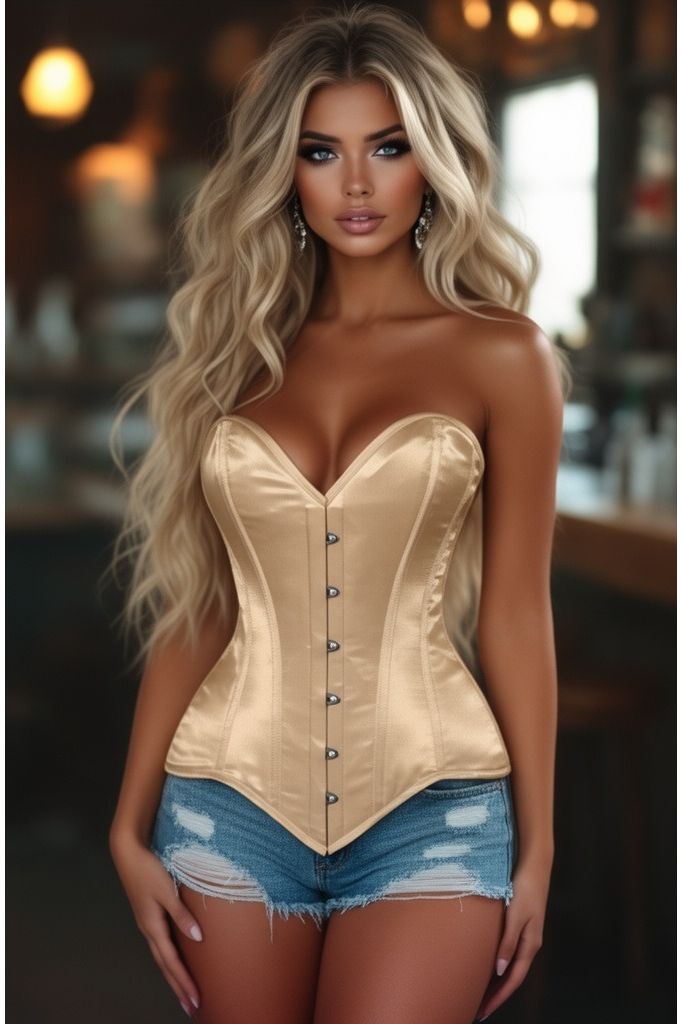 Lavish Gold Satin Overbust Corset Sweetheart Neckline Busk Closure