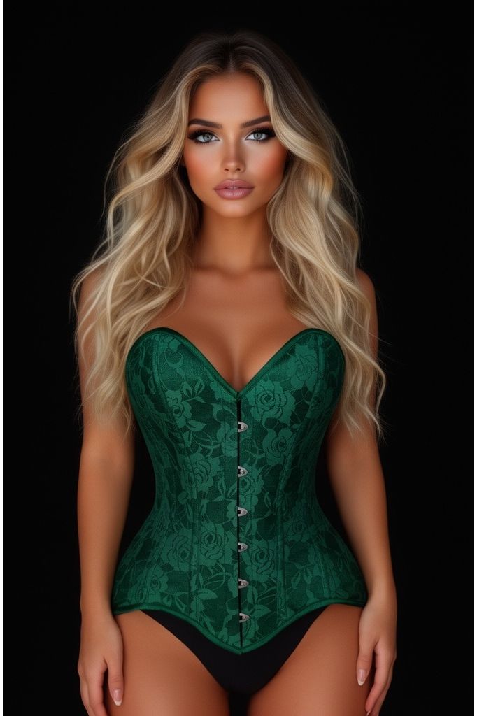 Lavish Green Lace Overbust Corset Sweetheart Neckline Busk Closure