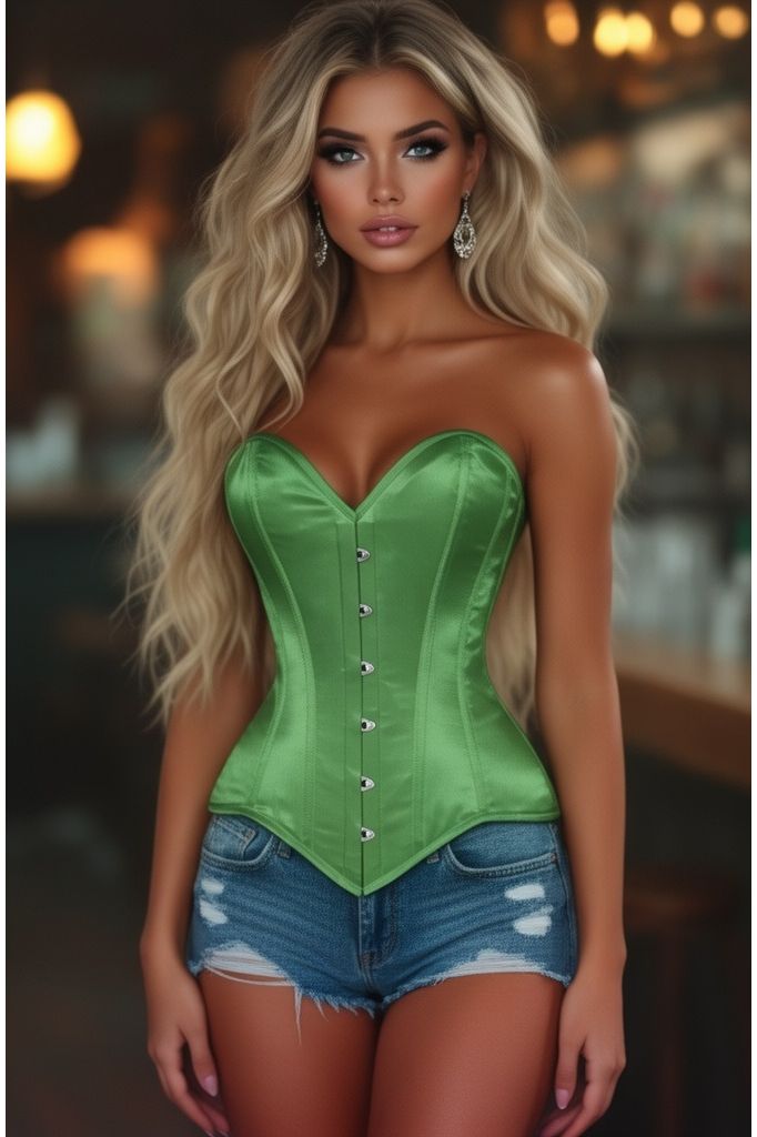 Lavish Green Satin Overbust Corset Sweetheart Neckline Busk Closure